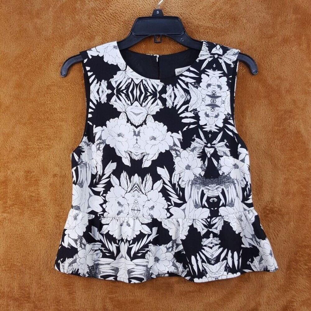 BEC BRIDGE Womens Top Size 4 Black Floral Tank Peplum Ruffle Hem Keyhole